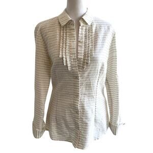J.‎ McLaughlin Sz 4 Ivory White Metallic Gold Button Down Blouse Shirt Small